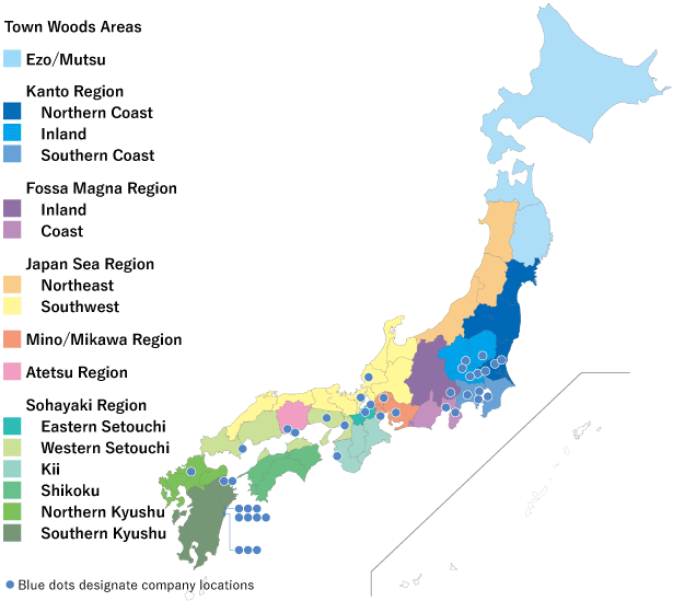 Town Woods Areas / Ezo/Mutsu / Kanto Region: Northern Coast, Inland, Southern Coast / Fossa Magna Region: Inland, Coast / Japan Sea Region: Northeast, Southwest / Mino/Mikawa Region / Atetsu Region / Sohayaki Region: Eastern Setouchi, Western Setouchi, Kii, Shikoku, Northern Kyushu, Southern Kyushu / Blue dots designate company locations