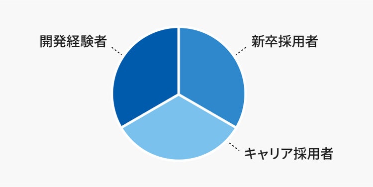 知的財産組織における新卒採用者、開発経験者、キャリア採用者の比率を示す円グラフで、多様なバックグラウンドを持つ人材がバランス良く活躍している状況を表した図。