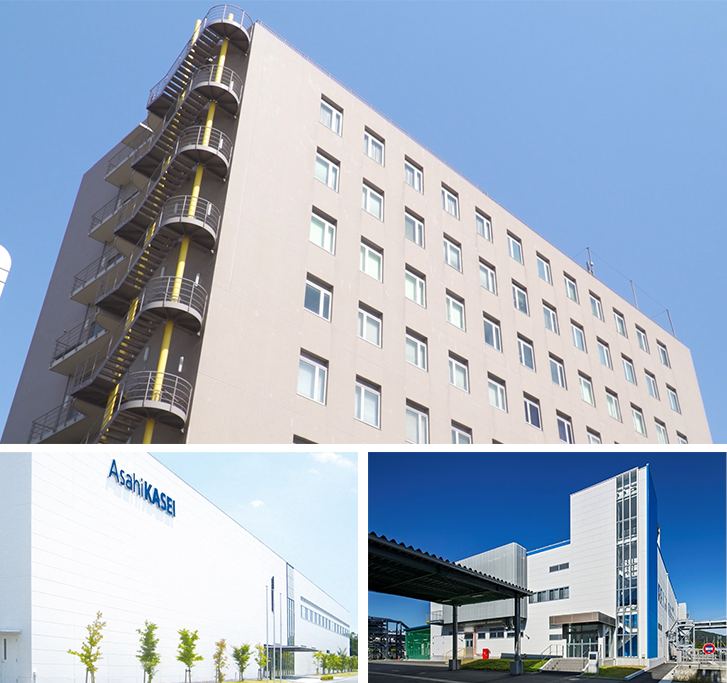 上：ポリマーセンター（神奈川県川崎市）／左下：繊維先端技術センター(滋賀県守山市)／右下：繊維技術研究センター(宮崎県延岡市)