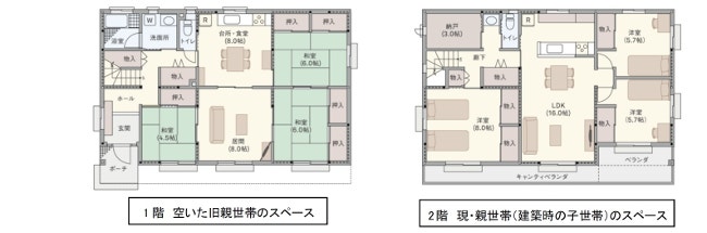 継承リフォーム前のプラン（1階床面積 26.9坪、2階床面積 26.4坪、延床面積 53.3坪）