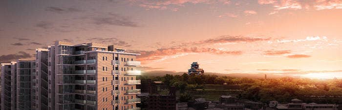 外観完成予想CG ※掲載の眺望写真の熊本城天守閣は、現在復旧作業中のためCG処理を施したもので実際とは異なります。