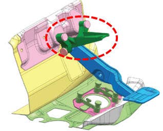 ガラス繊維強化ポリアミド66製超軽量ペダルブラケットのCAE設計画面（深緑色部分）