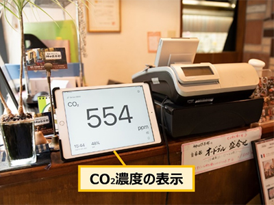 CO₂センサーと専用アプリケーションの設置例<br/>
（美味これくしょん 神田倶楽部（東京都千代田区））