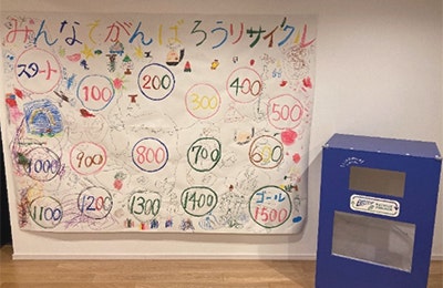 リサイクル活動を呼びかける手作りポスターと回収ボックス
