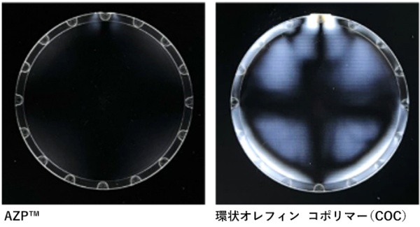 射出成形レンズの偏光観察<br/>
（複屈折により偏光が乱れると白い光漏れが観察される）