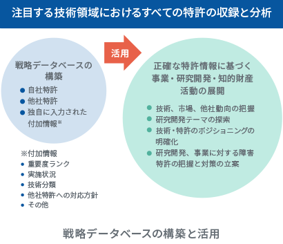 注目する技術領域におけるすべての特許の収録と分析 戦略データベースの構築（自社特許/他社特許/独自に入力された付加情報※） 活用 正確な特許情報に基づく事業・研究開発・知的財産活動の展開（技術、市場、他社動向の把握/研究開発テーマの探索/技術・特許のポジショニングの明確化/研究開発、事業に対する障害特許の把握と対策の立案） ※付加情報（重要度ランク/実施状況/技術分類/他社特許への対応方針/その他） 戦略データベースの構築と活用