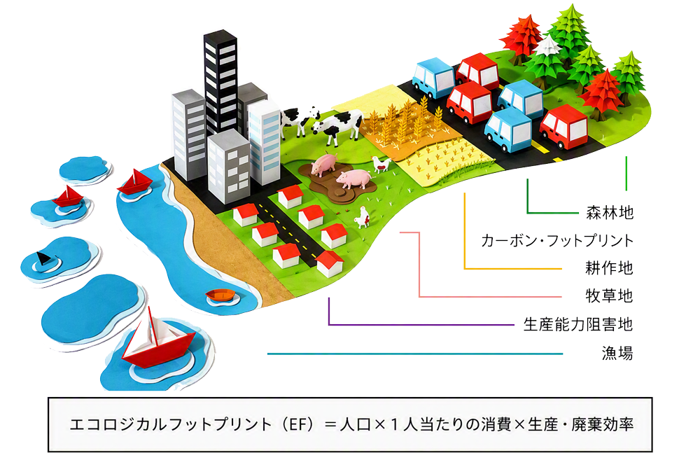エコロジカルフットプリント（EF）の考え方を示しています。エコロジカルフットプリントは、「人口 × 1人当たりの消費 × 生産・廃棄効率」で表される指標であり、人間の活動が自然環境に与える負荷を、生態系が持つ生産能力の観点から捉えるものです。図では、森林地、耕作地、牧草地、漁場、生産能力阻害地およびカーボン・フットプリントを構成要素として示しています。