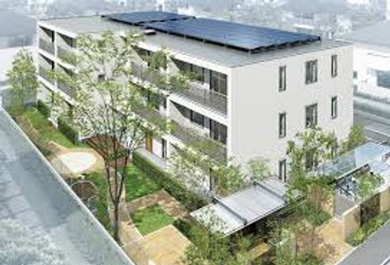 太陽光発電設備を設置した集合住宅の外観。住宅で創出した再生可能エネルギーを事業活動やサプライチェーンで活用する取り組みを示している。