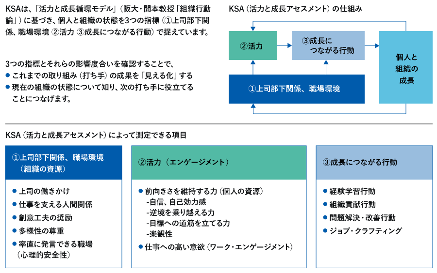 KSAは、「活力と成長循環モデル」（阪大・開本教授「組織行動論」）に基づき、個人と組織の状態を3つの指標（①上司部下関係、職場環境 ②活力 ③成長につながる行動）で捉えています。　3つの指標とそれらの影響度合いを確認することで、・これまでの取り組み（打ち手）の成果を「見える化」する・現在の組織の状態について知り、次の打ち手に役立てることにつなげます。　KSA（活力と成長アセスメント）の仕組み　①上司部下関係、職場環境→②活力→③成長につながる行動→個人と組織の成長→①上司部下関係、職場環境/②活力　｜KSA（活力と成長アセスメント）によって測定できる項目　①上司部下関係、職場環境（組織の資源）　・上司の働きかけ・仕事を支える人間関係・創意工夫の奨励・多様性の尊重・率直に発言できる職場（心理的安全性）　②活力（エンゲージメント）　・前向きさを維持する力（個人の資源）-自信、自己効力感-逆境を乗り越える力-目標への道筋を立てる力-楽観性・仕事への高い意欲（ワーク・エンゲージメント）　③成長につながる行動　・経験学習行動・組織貢献行動・問題解決・改善行動・ジョブ・クラフティング