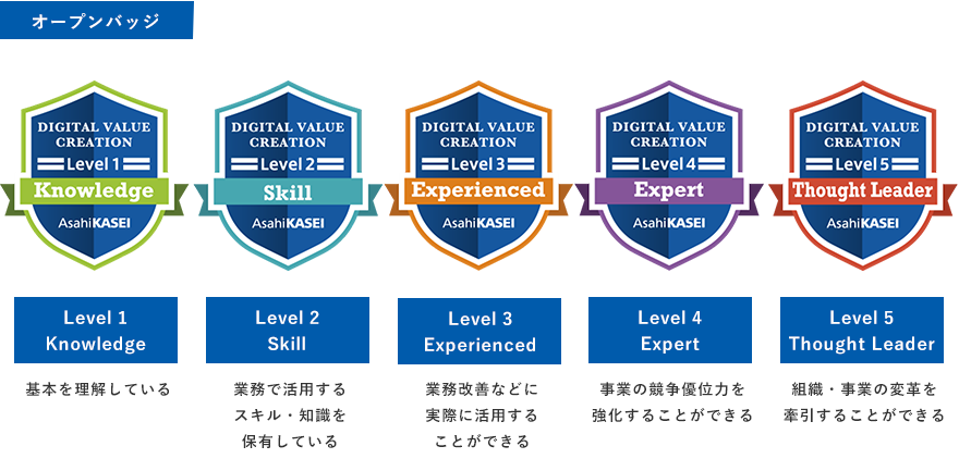 オープンバッジ　Level1: Knowledge 基本を理解している、Level2: Skill 業務で活用するスキル・知識を保有している、Leve;3: Experience 業務改善などに実際に活用することができる、Level4: Expert 事業の競争優位力を強化することができる、Level5: Thought Leader 組織・事業の変革をけん引することができる