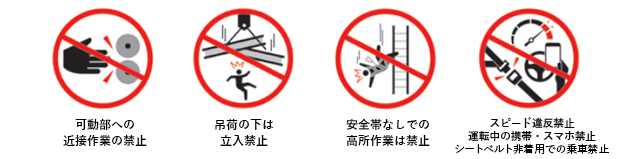 可動部への近接作業の禁止　吊荷の下は立入禁止　安全帯なしでの高所作業は禁止　スピード違反禁止　運転中の携帯・スマホ禁止　シートベルト非着用での乗車禁止