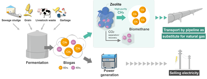 The flow of biogas; high-purity methane refinement is conducted mainly in Europe