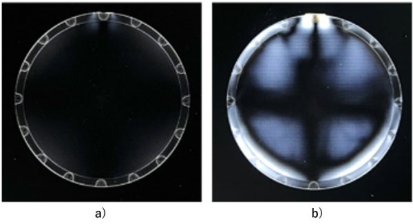 Polarization of lenses injection molded with a) AZP™ and b) cyclic olefin copolymer (COC); white light leakage is observed when polarization is disturbed by birefringence