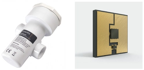 Fig. 1 Experimental Klaran™ WR water treatment reactor (left), Klaran™ UVC LED (right)