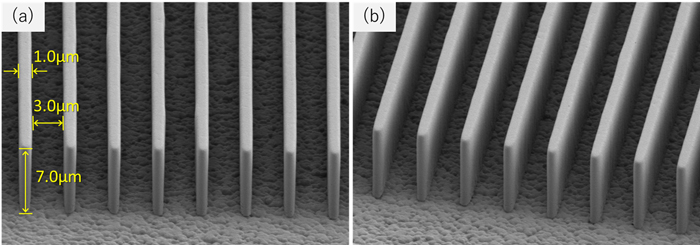 Micro-pattern of 7 µm thick TA Series formed by LDI<br/>
(a) Resist pattern (L/S = 1.0/3.0 µm; L/S = Line / Space in micro-wiring [µm]) front side<br/>
(b) Resist pattern (L/S = 1.0/3.0 µm) oblique
