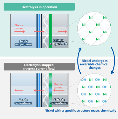 Conceptual diagram of the chemical reaction of nickel during electrolysis and when stopped