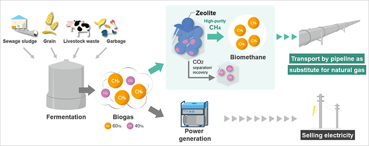 The flow of biogasification and biogas upgrading/purification to high-purity methane