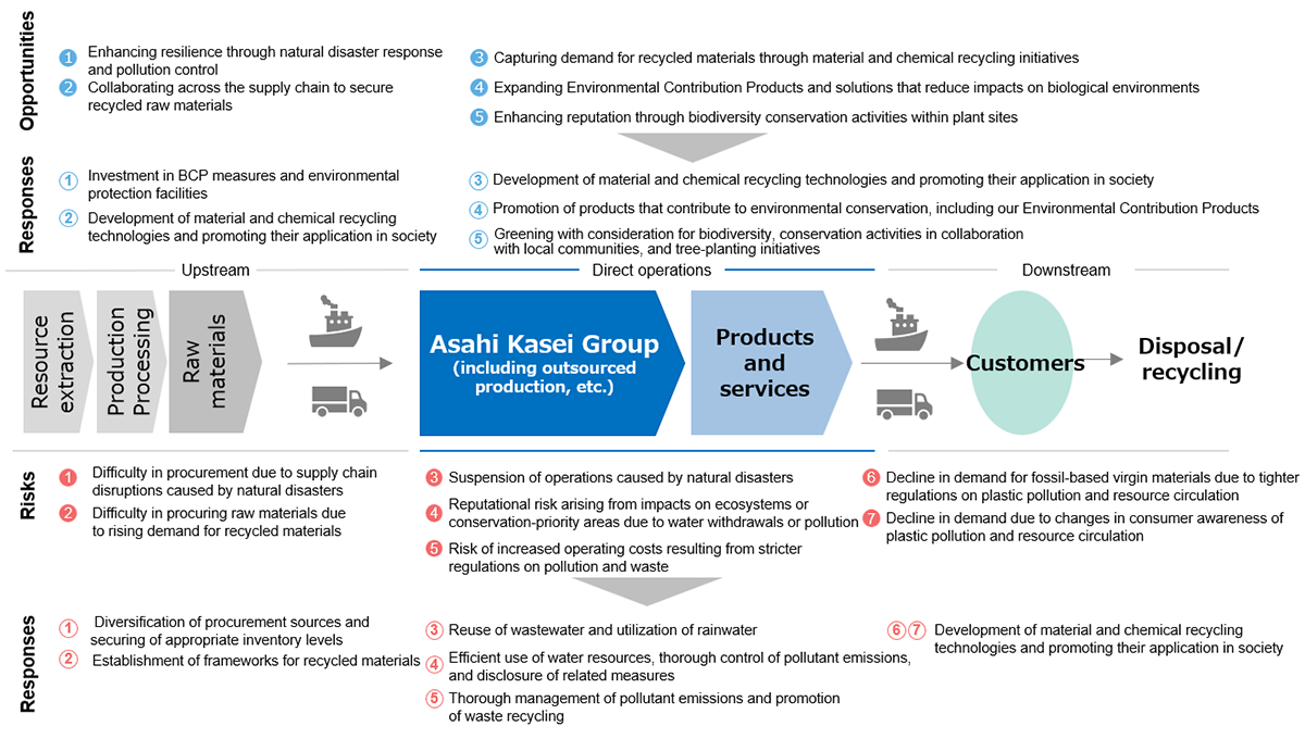 【Opportunities】
1) Enhancing resilience through natural disaster response and pollution control
2) Collaborating across the supply chain to secure recycled raw materials
3) Capturing demand for recycled materials through material and chemical recycling initiatives
4) Expanding Environmental Contribution Products “ and solutions that reduce impacts on biological environments
5) Enhancing reputation through biodiversity conservation activities within plant sites
【Responses】
1) Investment in BCP measures and environmental protection facilities
2) Development of material and chemical recycling  technologies and promoting their application in society
3) Development of material and chemical recycling  technologies and promoting their application in society
4) Promotion of products that contribute to environmental conservation, including our Environmental Contribution Products
5) Greening with consideration for biodiversity, conservation activities in collaboration with local communities, and tree-planting initiatives
【Risks】
1) Difficulty in procurement due to supply chain disruptions caused by natural disasters
2) Difficulty in procuring raw materials due to rising demand for recycled materials
3) Suspension of operations caused by natural disasters
4) Reputational risk arising from impacts on ecosystems or conservation-priority areas due to water withdrawals “ or pollution
5) Risk of increased operating costs resulting from stricter regulations on pollution and waste
6) Decline in demand for fossil-based virgin materials due to tighter regulations on plastic pollution and resource circulation
7) Decline in demand due to changes in consumer awareness of plastic pollution and resource circulation
【Responses】
1) Diversification of procurement sources and securing of appropriate inventory levels
2) Establishment of frameworks for recycled materials
3) Reuse of wastewater and utilization of rainwater
4) Efficient use of water resources, thorough control of pollutant emissions, and disclosure of related measures
5) Thorough management of pollutant emissions and promotion of waste recycling
6) and 7) Development of material and chemical recycling  technologies and promoting their application in society