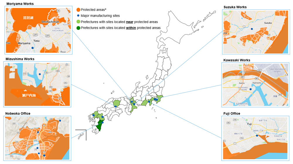 As part of the IBAT assessment results, this shows maps of the areas surrounding the Moriyama Works, Mizushima Works, Nobeoka Office, Suzuka Works, Kawasaki Works, and Fuji Office.