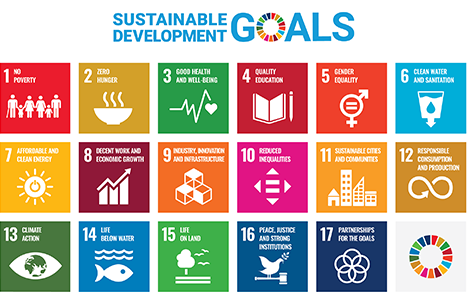 Sustainable Development Goals 1. NO POVERTY 2. ZERO HUNGER 3. GOOD HEALTH AND WELL-BEING 4. QUALITY EDUCATION 5. GENDER EQUALITY 6. CLEAN WATER AND SANITATION 7. AFFORDABLE AND CLEAN ENERGY 8. DECENT WORK AND ECONOMIC GROWTH 9. INDUSTRY, INNOVATION AND INFRASTRUCTURE 10. REDUCED INEQUALITIES 11. SUSTAINABLE CITIES AND COMMUNITIES 12. RESPONSIBLE CONSUMPTION & PRODUCTION 13. CLIMATE ACTION 14. LIFE BELOW WATER 15. LIFE ON LAND 16. PEACE, JUSTICE AND STRONG INSTITUTIONS 17. PARTNERSHIPS FOR THE GOALS